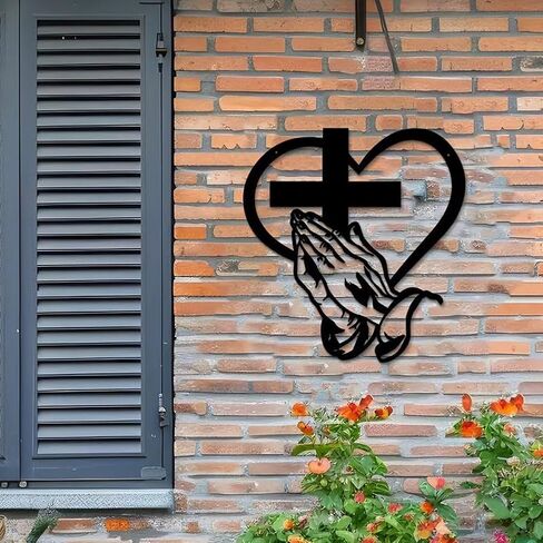AIOUJI Elegant Metal Christian Heart & Cross Wall Art, Praying Hands Design, Decorative Iron Sculpture for Indoor/Outdoor, Perfect for Living Room, Patio, Office Farmhouse Decor(12in) in Saudi Arabia