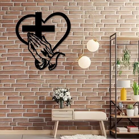 AIOUJI Elegant Metal Christian Heart & Cross Wall Art, Praying Hands Design, Decorative Iron Sculpture for Indoor/Outdoor, Perfect for Living Room, Patio, Office Farmhouse Decor(12in) in Saudi Arabia