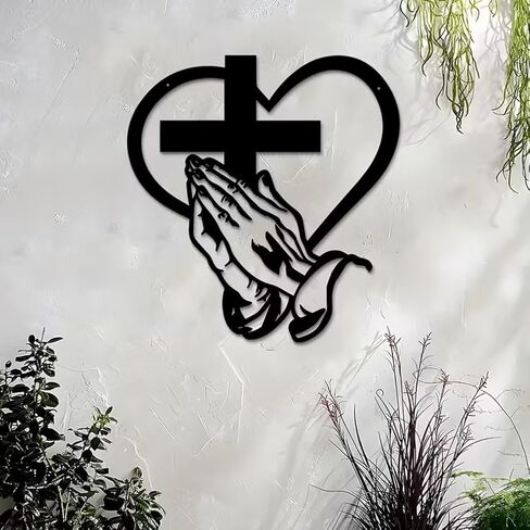AIOUJI Elegant Metal Christian Heart & Cross Wall Art, Praying Hands Design, Decorative Iron Sculpture for Indoor/Outdoor, Perfect for Living Room, Patio, Office Farmhouse Decor(12in) in Saudi Arabia