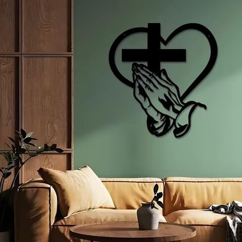 AIOUJI Elegant Metal Christian Heart & Cross Wall Art, Praying Hands Design, Decorative Iron Sculpture for Indoor/Outdoor, Perfect for Living Room, Patio, Office Farmhouse Decor(12in) in Saudi Arabia