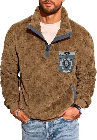 Yousify Mens Fuzzy Sherpa Sweatshirt Flannel Fleece Pullover Jacket Casual Quarter Button Aztec Coat Western Sweaters in Saudi Arabia