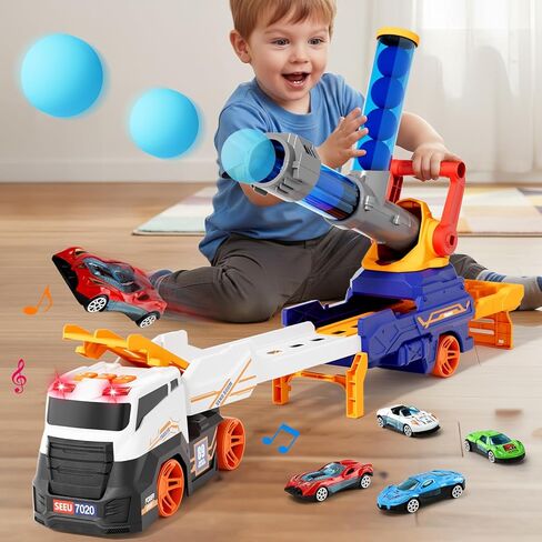 Transport Truck Toys for Kid Boys 3-5, EVA Ball Launcher Car Toys for Kids, Garage Car Toys with Light & Sound, Shooting Toy Sets, Birthday Gifts for Kid Boys Age 3 4 5 6 in Kuwait
