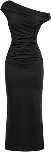Milumia Girl's Off The Shoulder Ruched Maxi Dress Asymmetrical Short Sleeve Split Bodycon Dresses in Saudi Arabia
