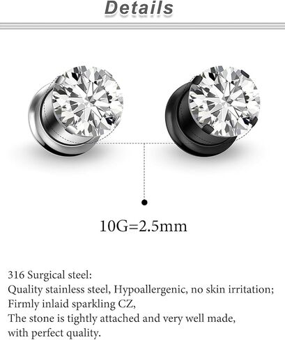 Yaalozei 10G-00G Black Silver Plated Round Zircon Gauges for Ears 316L Surgical Steel Internally Threaded Screw Fit Single Flared Tunnels Plugs Earrings Hollow Gauges for Women Men in Saudi Arabia