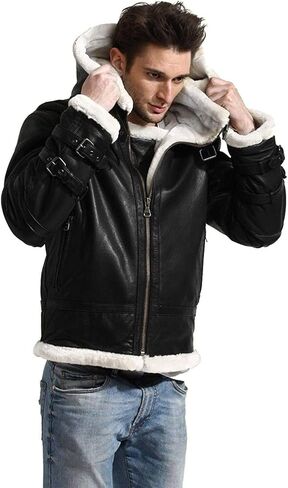 B3 Aviator Leather Jacket Men Bomber - Flight Pilot Fur Collar Shearling Jacket Men with Removable Hood in Saudi Arabia