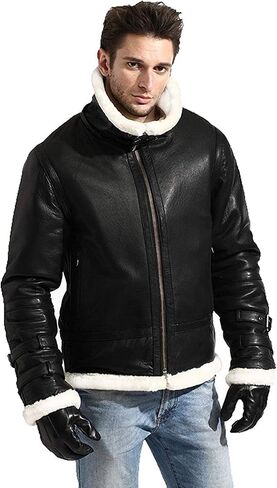 B3 Aviator Leather Jacket Men Bomber - Flight Pilot Fur Collar Shearling Jacket Men with Removable Hood in Saudi Arabia