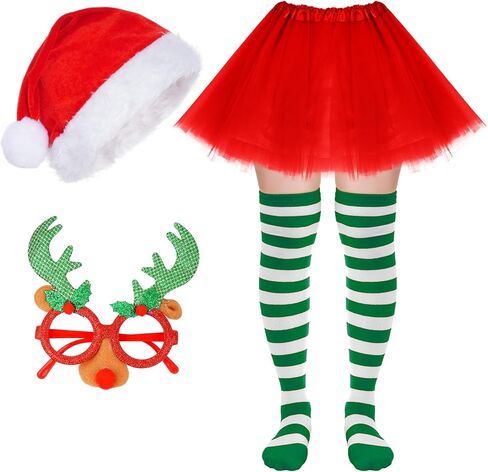 HOVEOX Christmas Costumes for Women Christmas Hat Skirt Socks Christmas Glasses Christmas Costume Set for Women in Kuwait