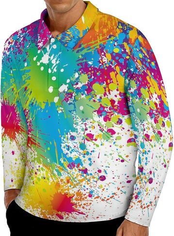 Funny Paint Drop Splatter Colorful Pattern Men's Polo Shirt Long Sleeve Golf Shirts Athletic Casual T-Shirt in Kuwait