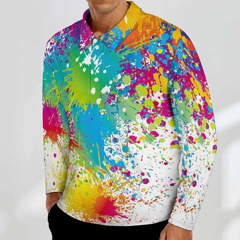 Funny Paint Drop Splatter Colorful Pattern Men's Polo Shirt Long Sleeve Golf Shirts Athletic Casual T-Shirt in Kuwait