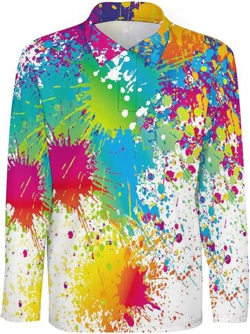 Funny Paint Drop Splatter Colorful Pattern Men's Polo Shirt Long Sleeve Golf Shirts Athletic Casual T-Shirt in Kuwait
