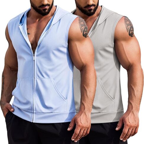 COOFANDY Men's Workout Hooded Tank Tops 2 Pack Zip Up Sleeveless Gym Shirts Muscle Cut Off T Shirt Bodybuilding Hoodies in Kuwait