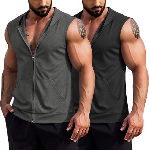 COOFANDY Men's Workout Hooded Tank Tops 2 Pack Zip Up Sleeveless Gym Shirts Muscle Cut Off T Shirt Bodybuilding Hoodies in Kuwait