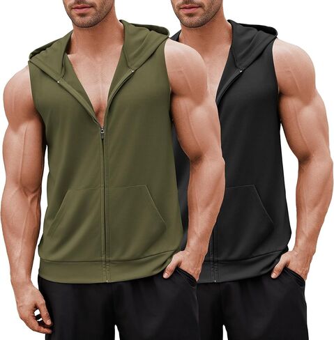 COOFANDY Men's Workout Hooded Tank Tops 2 Pack Zip Up Sleeveless Gym Shirts Muscle Cut Off T Shirt Bodybuilding Hoodies in Kuwait