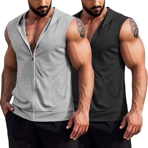 COOFANDY Men's Workout Hooded Tank Tops 2 Pack Zip Up Sleeveless Gym Shirts Muscle Cut Off T Shirt Bodybuilding Hoodies in Kuwait