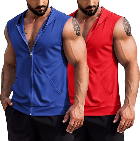 COOFANDY Men's Workout Hooded Tank Tops 2 Pack Zip Up Sleeveless Gym Shirts Muscle Cut Off T Shirt Bodybuilding Hoodies in Kuwait