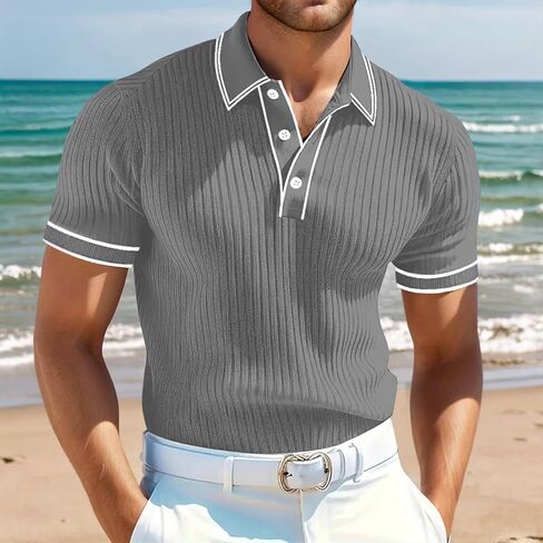 Mens Polo Shirts Summer Short Sleeve Classic Fit Knit Polo Sweater Casual Button Down Beach Golf Shirts in Saudi Arabia