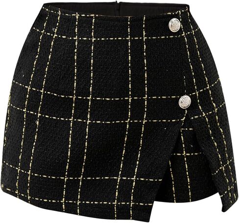Women's Elegant Plaid High Waist Shorts Split Asymmetrical Hem Button Front Work Tweed Skorts in Saudi Arabia