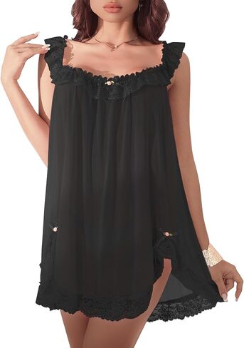 Sexy Split Side Lace Ruffle Bows Mesh Sheer Babydoll Lingerie Dress with Thong Set 2 Piece in Kuwait
