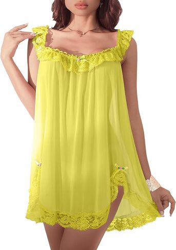 Sexy Split Side Lace Ruffle Bows Mesh Sheer Babydoll Lingerie Dress with Thong Set 2 Piece in Kuwait