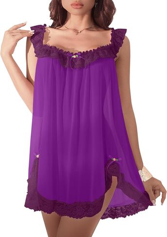 Sexy Split Side Lace Ruffle Bows Mesh Sheer Babydoll Lingerie Dress with Thong Set 2 Piece in Kuwait