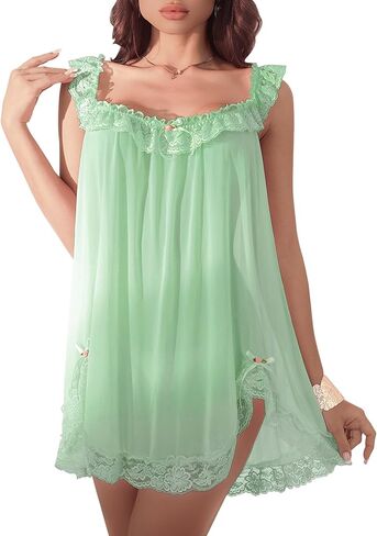 Sexy Split Side Lace Ruffle Bows Mesh Sheer Babydoll Lingerie Dress with Thong Set 2 Piece in Kuwait
