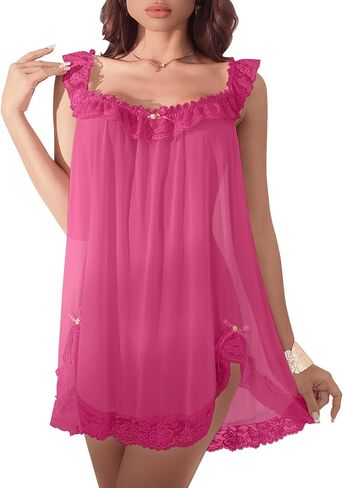 Sexy Split Side Lace Ruffle Bows Mesh Sheer Babydoll Lingerie Dress with Thong Set 2 Piece in Kuwait