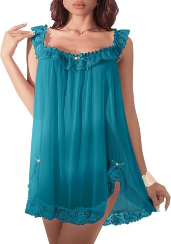 Sexy Split Side Lace Ruffle Bows Mesh Sheer Babydoll Lingerie Dress with Thong Set 2 Piece in Kuwait