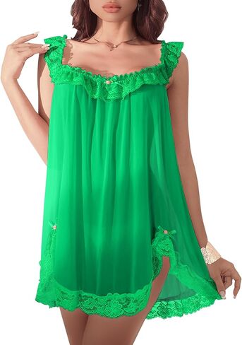 Sexy Split Side Lace Ruffle Bows Mesh Sheer Babydoll Lingerie Dress with Thong Set 2 Piece in Kuwait