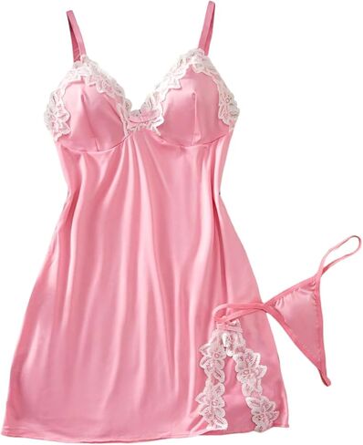 Women's Floral Lace Slit Lingerie Dress Bow Babydoll Chemise with String Thong Sleepwear Sets in Saudi Arabia