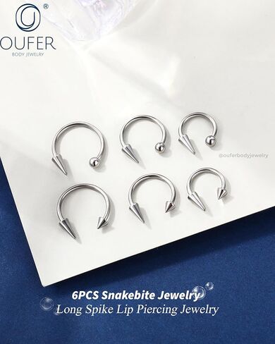 مجوهرات ثقب الشفاه من OUFER Snake Bites 16G حلقات الشفاه، 6 قطع 8/10/12 مم حدوة حصان طويلة قصيرة مدببة/حلقات لابريت كروية، 316L من الفولاذ الجراحي الحاجز هيليكس محارة ثقب المجوهرات in Kuwait