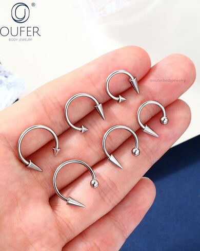 مجوهرات ثقب الشفاه من OUFER Snake Bites 16G حلقات الشفاه، 6 قطع 8/10/12 مم حدوة حصان طويلة قصيرة مدببة/حلقات لابريت كروية، 316L من الفولاذ الجراحي الحاجز هيليكس محارة ثقب المجوهرات in Kuwait
