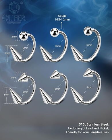 مجوهرات ثقب الشفاه من OUFER Snake Bites 16G حلقات الشفاه، 6 قطع 8/10/12 مم حدوة حصان طويلة قصيرة مدببة/حلقات لابريت كروية، 316L من الفولاذ الجراحي الحاجز هيليكس محارة ثقب المجوهرات in Kuwait