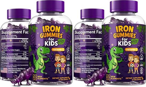 Iron Gummies for Kids with Vitamin C | Sugar Free | Enhanced Energy & Blood Health Support | Anemia Relief, Gluten-Free, Non-GMO, Vegan, Natural Grape Flavor, Crafted with Pectin for Optimal Health in Kuwait