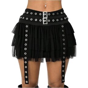 WDIRARA Women's Gothic Punk Mesh Buckle Belted Mini Skirt Grommet Eyelet Ruffle Tiered Skirts in Kuwait