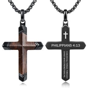 Wooden Cross Bible Verse Necklace for Men, Handmade Real Ebony Wood Cross Pendant Stainless Steel Chain, Spiritual Jewelry Gift for Him, Everyday Wear, Including 24-25 Inch Box Chain in Saudi Arabia