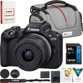 Canon EOS R50 Mirrorless Camera (Black) with RF-S 18-45mm F4.5-6.3 is STM Lens 5811C012 Bundle with Deco Gear Photography Bag + 2 x Battery + 2 x 64GB Memory Cards + Accessories Kit in Kuwait