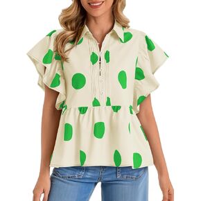Cicy Bell Womens Polka Dot Babydoll Tops Peplum Ruffle Cap Sleeve Blouses Summer Casual Half Button Up Shirts in Saudi Arabia