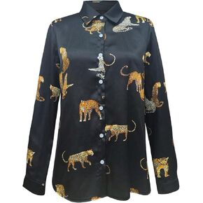 WDIRARA Women's Leopard Button Down Satin Shirt Long Sleeve Dressy Blouse Top in Saudi Arabia
