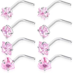 8PCS Pink Nose Ring, 18G L Shaped Nose Ring NosePiercing Jewerly Pink Glitter NoseRings NoseStuds for Women Men Round Square Heart Star in Kuwait