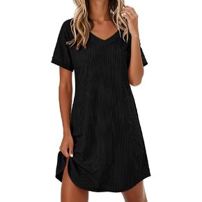 Ekouaer Womens Nightgowns Short Sleeve Sleepshirt V Neck Top Shirt Dress Soft Nightshirts Loose Loungewear S-3XL in Saudi Arabia
