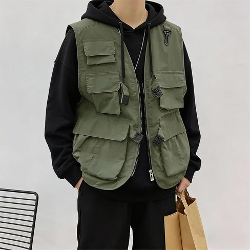 Men's Utility Cargo Vest - Multi-Pocket Design with Zipper & Buckle Closure for Casual, Streetwear Looks in Saudi Arabia