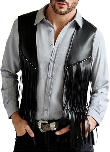 OYOANGLE Men's PU Leather Open Front Fringe Vest Boho Cowboy Western Sleeveless Jacket Waistcoat in Saudi Arabia
