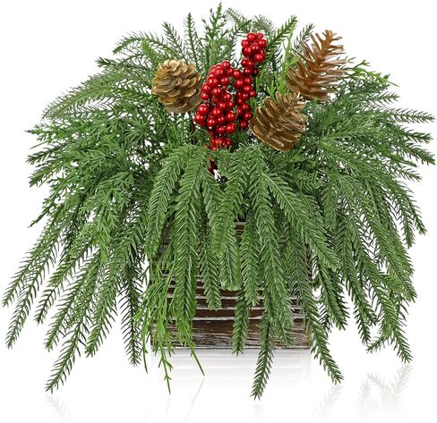Christmas Centerpieces 8 Inch Artificial Christmas Plant in Rectangular Wooden Pot Tabletop Pine Plants with Red Berries Pine Cones Eucalyptus for Winter Holiday Party Fireplace Mantel Xmas Decor in Kuwait