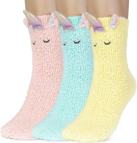 3 pairs Unicorn Fuzzy Socks for Women and Girls, Cozy Christmas Socks, Cute Unicorn Gifts for Teens, White Elephant Gift, Soft Winter Slipper Socks in Saudi Arabia