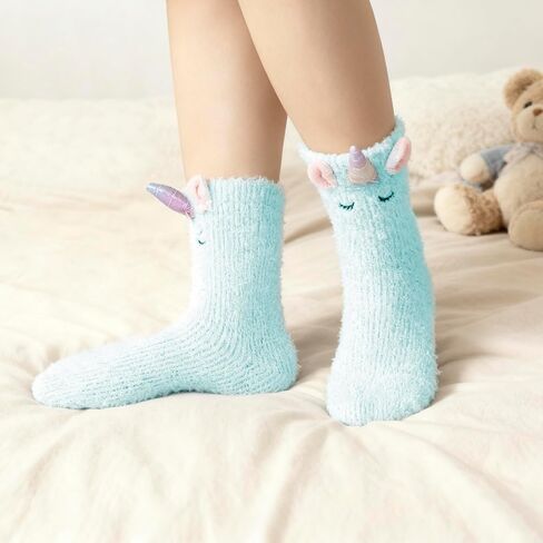 3 pairs Unicorn Fuzzy Socks for Women and Girls, Cozy Christmas Socks, Cute Unicorn Gifts for Teens, White Elephant Gift, Soft Winter Slipper Socks in Saudi Arabia