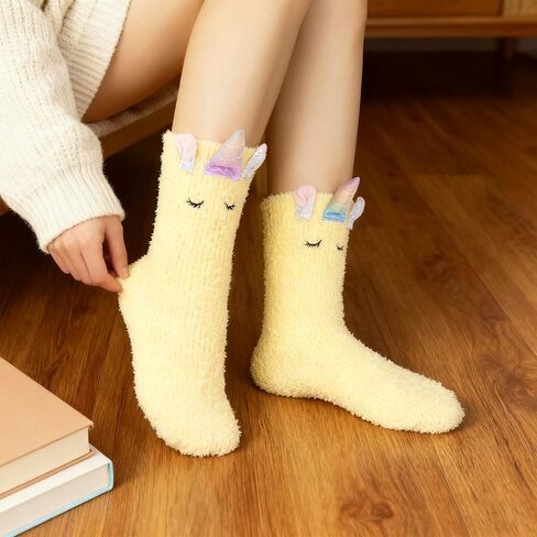 3 pairs Unicorn Fuzzy Socks for Women and Girls, Cozy Christmas Socks, Cute Unicorn Gifts for Teens, White Elephant Gift, Soft Winter Slipper Socks in Saudi Arabia