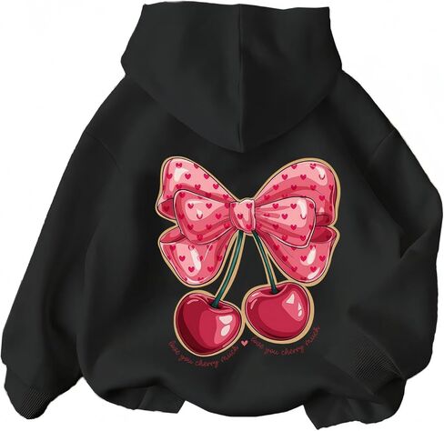 Girl's Cherry Bow Print Hoodie Sweatshirt Long Sleeve Pullover Cute Tops in Saudi Arabia