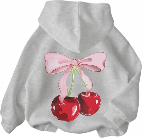Girl's Cherry Bow Print Hoodie Sweatshirt Long Sleeve Pullover Cute Tops in Saudi Arabia