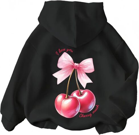 Girl's Cherry Bow Print Hoodie Sweatshirt Long Sleeve Pullover Cute Tops in Saudi Arabia
