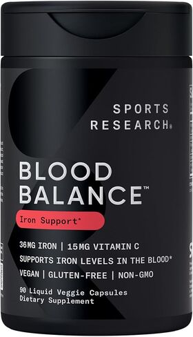 مكمل الحديد لتوازن الدم من Sports Research - 36 مجم حديد + حمض الفوليك وفيتامين C للامتصاص - دعم خلايا الدم الحمراء للنساء والرجال* - نباتي معتمد · غير معدل وراثيًا · خالي من الغلوتين - 90 كبسولة in Saudi Arabia
